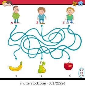 Cartoon Vector Illustration of Education Paths or Maze Puzzle Task for Preschoolers with Children and Fruits