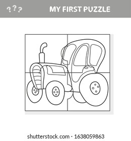 Cartoon Vector Illustration of Education Puzzle Game for Preschool Children with Funny Tractor Machine Character - My first puzzle and coloring book