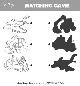 Cartoon Vector Illustration of Education. Shadow Matching Game for Preschool Children. Auto and cars items