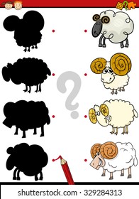 Cartoon Vector Illustration of Education Shadow Game for Preschool Children with Rams Farm Animal Characters