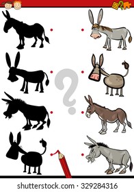Cartoon Vector Illustration of Education Shadow Test for Preschool Children with Donkeys Farm Animal Characters