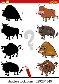 Cartoon Vector Illustration of Education Shadow Test for Preschool Children with Bulls Farm Animal Characters
