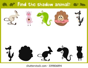 Cartoon Vector Illustration of Education Shadow Matching Game for Preschool Children find the shade for five different animals. All pictures are isolated on white background. Vector illustration