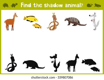 Cartoon Vector Illustration of Education Shadow Matching Game for Preschool Children find shade for all animals. All images are isolated on a white background and can be moved. Vector illustration