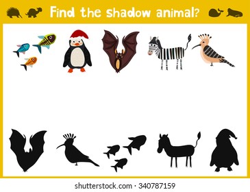 Cartoon Vector Illustration of Education Shadow Matching Game for Preschool Children find shade for the animals. All images are isolated on a white background and you can move them.  illustration