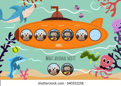 Cartoon Vector Illustration of Education will continue the logical series of colourful forest animals on a beautiful orange submarine. Matching Game for Preschool Children. Vector illustration