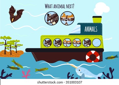 Cartoon Vector Illustration of Education will continue the logical series of colourful animals on a boat in the ocean among Islands. Matching Game for Preschool Children. Vector illustration