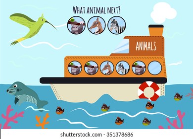 Cartoon Vector Illustration of Education will continue the logical series of colourful animals on a ship in the ocean among sea , animals. Matching Game for Preschool Children. Vector illustration