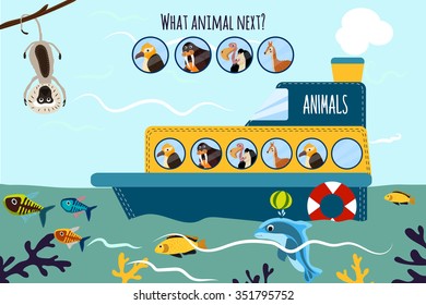 Cartoon Vector Illustration of Education will continue the logical series of colourful animals on a ship in the ocean among sea fishes. Matching Game for Preschool Children. Vector illustration