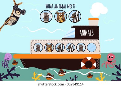 Cartoon Vector Illustration of Education will continue the logical series of colourful animals on a boat in the ocean among sea creatures. Matching Game for Preschool Children. Vector