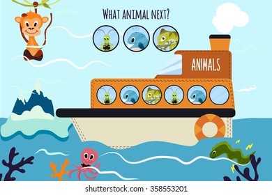 Cartoon Vector Illustration of Education will continue the logical series of colourful animals on a boat in the ocean among sea fishes. Matching Game for Preschool Children. Vector
