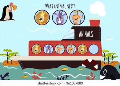 Cartoon Vector Illustration of Education will continue the logical series of colourful animals on a boat in the ocean among  of Savannah. Matching Game for Preschool Children. Vector illustration