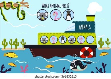 Cartoon Vector Illustration of Education will continue the logical series of colourful animals on a boat in the ocean among sea fish. Matching Game for Preschool Children. Vector illustration