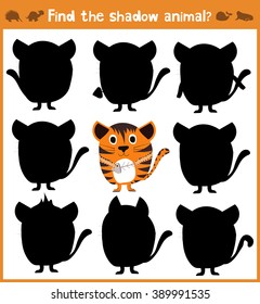 Cartoon vector illustration of education will find appropriate shadow silhouette animal cat. Matching game for children of preschool age. Vector illustration