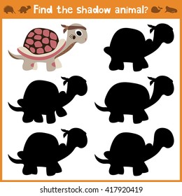 Cartoon vector illustration of education will find appropriate shadow silhouette animal turtle. Matching game for children of preschool age. Vector 