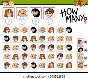 Cartoon Vector Illustration of Educational Counting Task for Preschool Children with Kids Faces