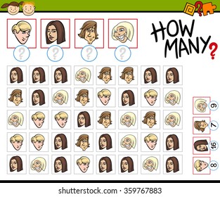 Cartoon Vector Illustration of Educational Counting Task for Preschool Kids with Teen Faces