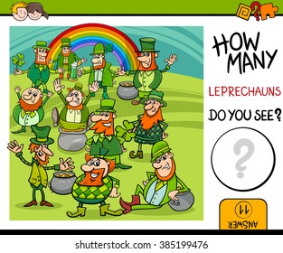 Cartoon Vector Illustration of Educational Counting Task for Preschool Children with Leprechaun Fantasy Characters