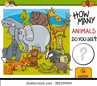 Cartoon Vector Illustration of Educational Counting Task for Preschool Children with Wildlife Animal Characters
