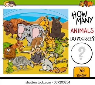 Cartoon Vector Illustration of Educational Counting Activity for Preschool Children with Wildlife Animal Characters
