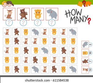 Cartoon Vector Illustration of Educational Counting Activity for Children with Cute Animal Characters