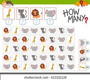 Cartoon Vector Illustration of Educational Counting Activity Game for Children with Cute Animal Characters