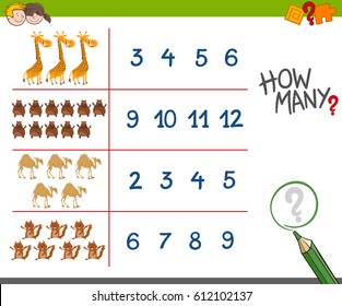 Cartoon Vector Illustration of Educational Counting Activity Game for Children with Cute Animals