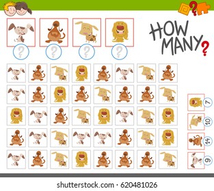 Cartoon Vector Illustration of Educational Counting Game for Children with Dogs Animal Characters
