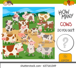 Cartoon Vector Illustration of Educational Counting Activity for Kids with Funny Cows Farm Animal Characters