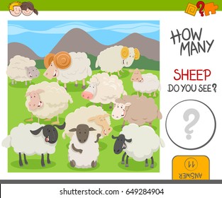Cartoon Vector Illustration of Educational Counting Activity Game for Kids with Sheep Farm Animal Characters