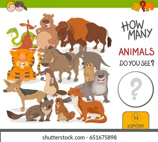 Cartoon Vector Illustration of Educational Counting Activity Game for Kids with Cute Wild Animal Characters