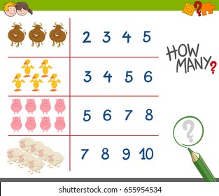 Cartoon Vector Illustration of Educational Counting Game for Children with Cute Farm Animal Characters