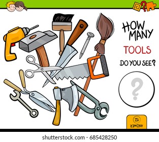 Cartoon Vector Illustration of Educational Counting Activity Game for Children with Tools Objects