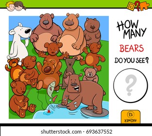Cartoon Vector Illustration of Educational Counting Activity Game for Children with Bear Animal Characters