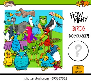 Cartoon Vector Illustration of Educational Counting Activity Game for Children with Birds Animal Characters