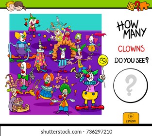 Cartoon Vector Illustration of Educational Counting Game for Children with Clowns Circus Characters