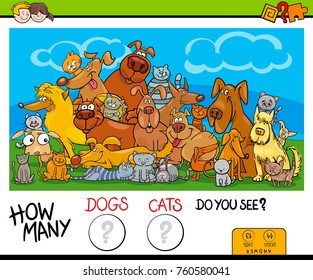 Cartoon Vector Illustration of Educational Counting Game for Children with Cats and Dogs Animal Characters Group