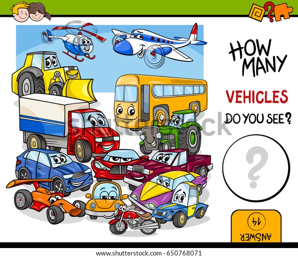 Cartoon Vector Illustration\
of Educational Counting Activity for Children with Vehicle\
Characters Group
