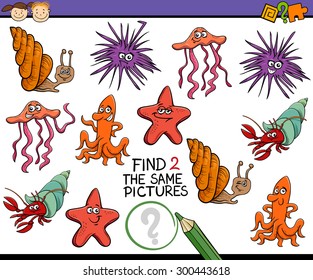 Cartoon Vector Illustration of Educational Game for Preschool Children with Sea Life Animals