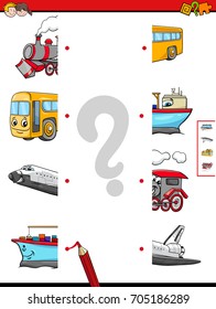 Cartoon Vector Illustration of Educational Game of Matching Halves with Transportation Characters