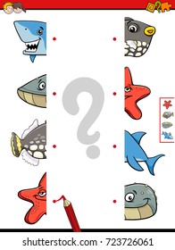 Cartoon Vector Illustration of Educational Game of Matching Halves of Sea Life Animal Characters