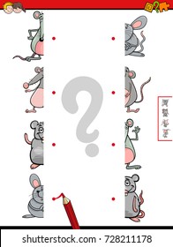 Cartoon Vector Illustration of Educational Game of Matching Halves of Mice Animal Characters