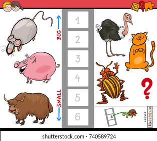 Cartoon Vector Illustration of Educational Game of Finding the Biggest and the Smallest Animal Characters for Children