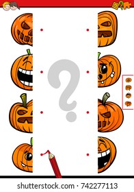 Cartoon Vector Illustration of Educational Game of Matching Halves of Halloween Pumpkin Characters