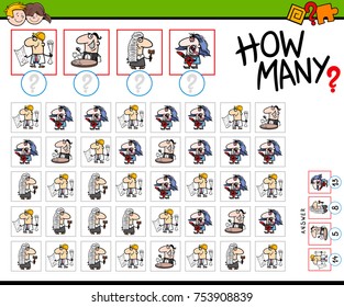 Cartoon Vector Illustration of Educational How Many Counting Activity for Children with Professional People Characters