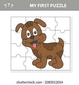 Cartoon Vector Illustration of Educational Jigsaw Puzzle Game for Children with Funny Dog Character. My first puzzle