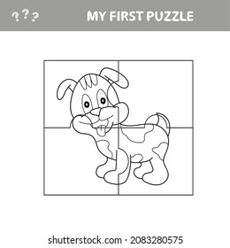 Cartoon Vector Illustration of Educational Jigsaw Puzzle Game for Children with Funny Dog Character. My first puzzle with coloring page