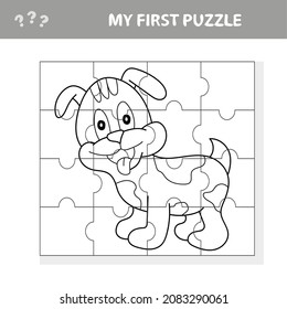 Cartoon Vector Illustration of Educational Jigsaw Puzzle Game for Children with Funny Dog Character. My first puzzle with coloring page