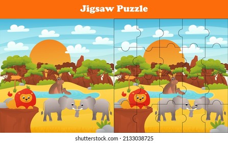 Cartoon, Vektorgrafik von pädagogischem Puzzlespiel für Vorschulkinder mit lustigen Löwen, Elefanten und Nilpferden, druckbares Arbeitsblatt für Safari-Themen zum Thema wild lebende Tiere