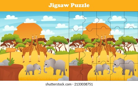 Cartoon, Vektorgrafik des pädagogischen Puzzlespiels für Vorschulkinder mit lustigen Giraffen und Elefanten, druckbares Arbeitsblatt zum Thema Safari-Wüste